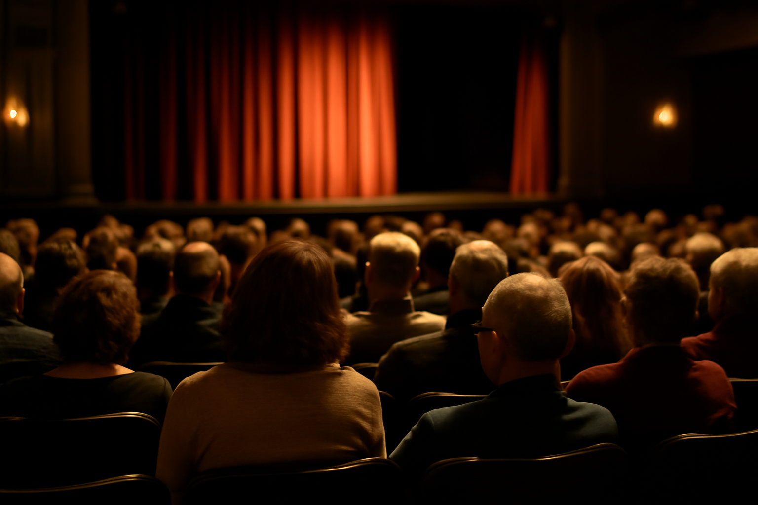 Salle de théâtre en lumière chaude, public assis et scène en arrière-plan