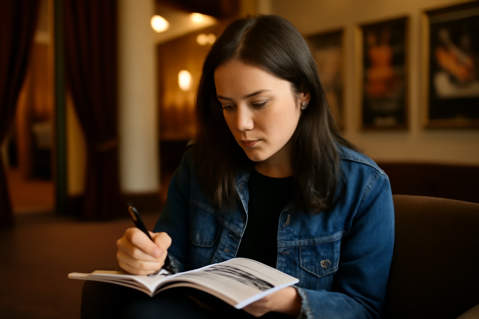 Critique prenant des notes dans un programme de théâtre en attendant l’entracte