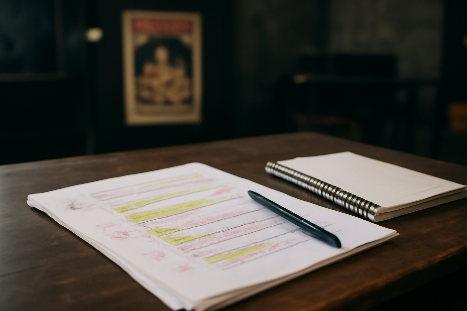 Plan rapproché d’un texte de pièce annoté sur une table avec carnet et stylo