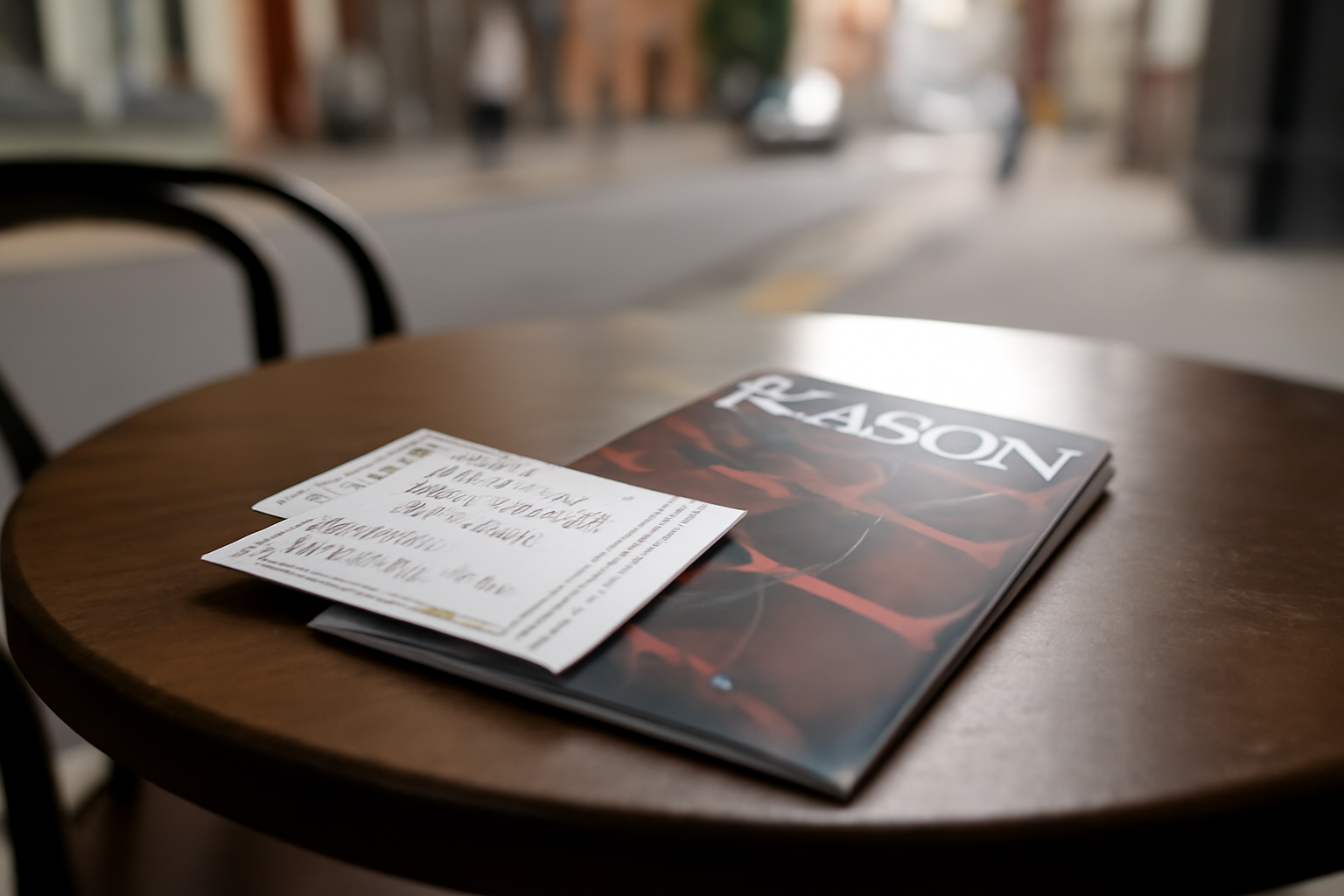 Billets de théâtre et brochure de saison posés sur une table, ville en arrière-plan