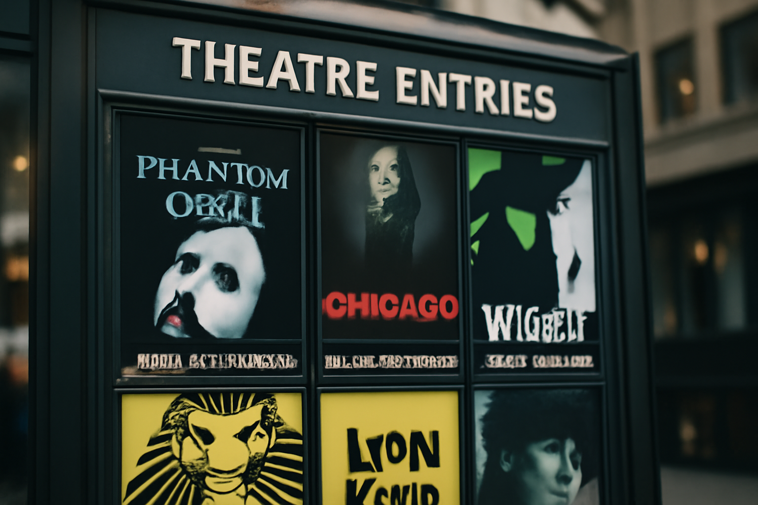 Affiches de théâtre sur un panneau d’affichage avec dates lisibles