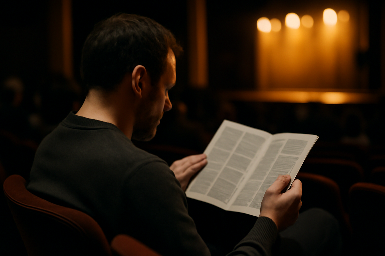 Spectateur assis dans une salle de théâtre sombre, lumière de scène en arrière-plan, programme dans les mains