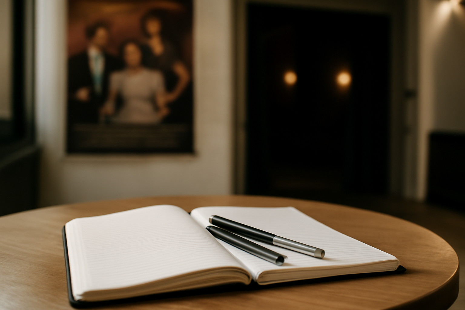 Affiche de théâtre et carnet de notes sur une table près d'une salle de spectacle