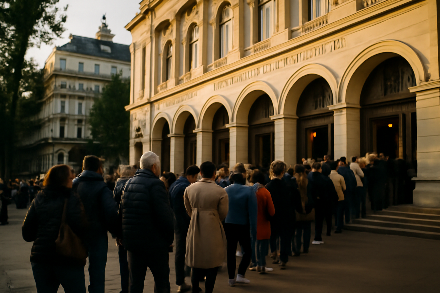 théâtre du châtelet à Paris, façade et file de spectateurs sur la place du Châtelet