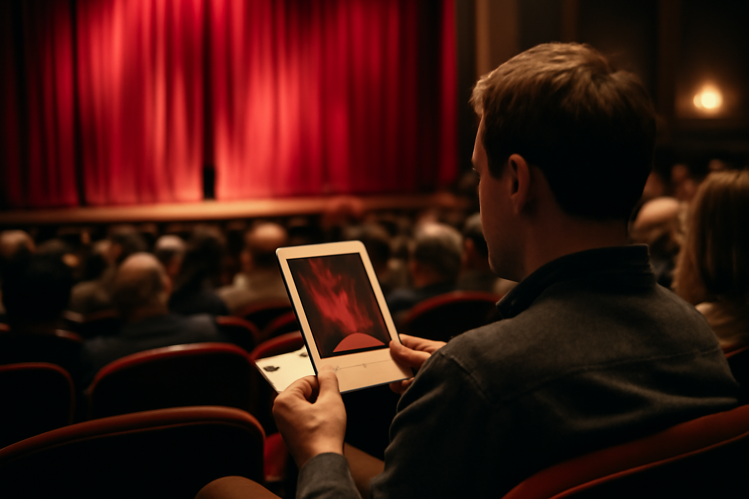 Salle de théâtre en soirée, rideau rouge entrouvert et public assis, ambiance feutrée et écran de billet au premier plan