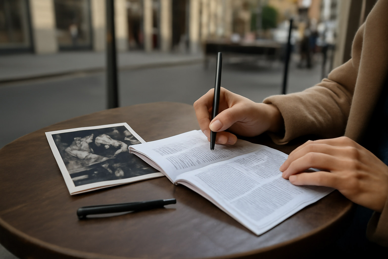 Affiche de théâtre et programme de salle posés sur une table de café, avec un plan de salle et un stylo, ambiance réaliste et urbaine