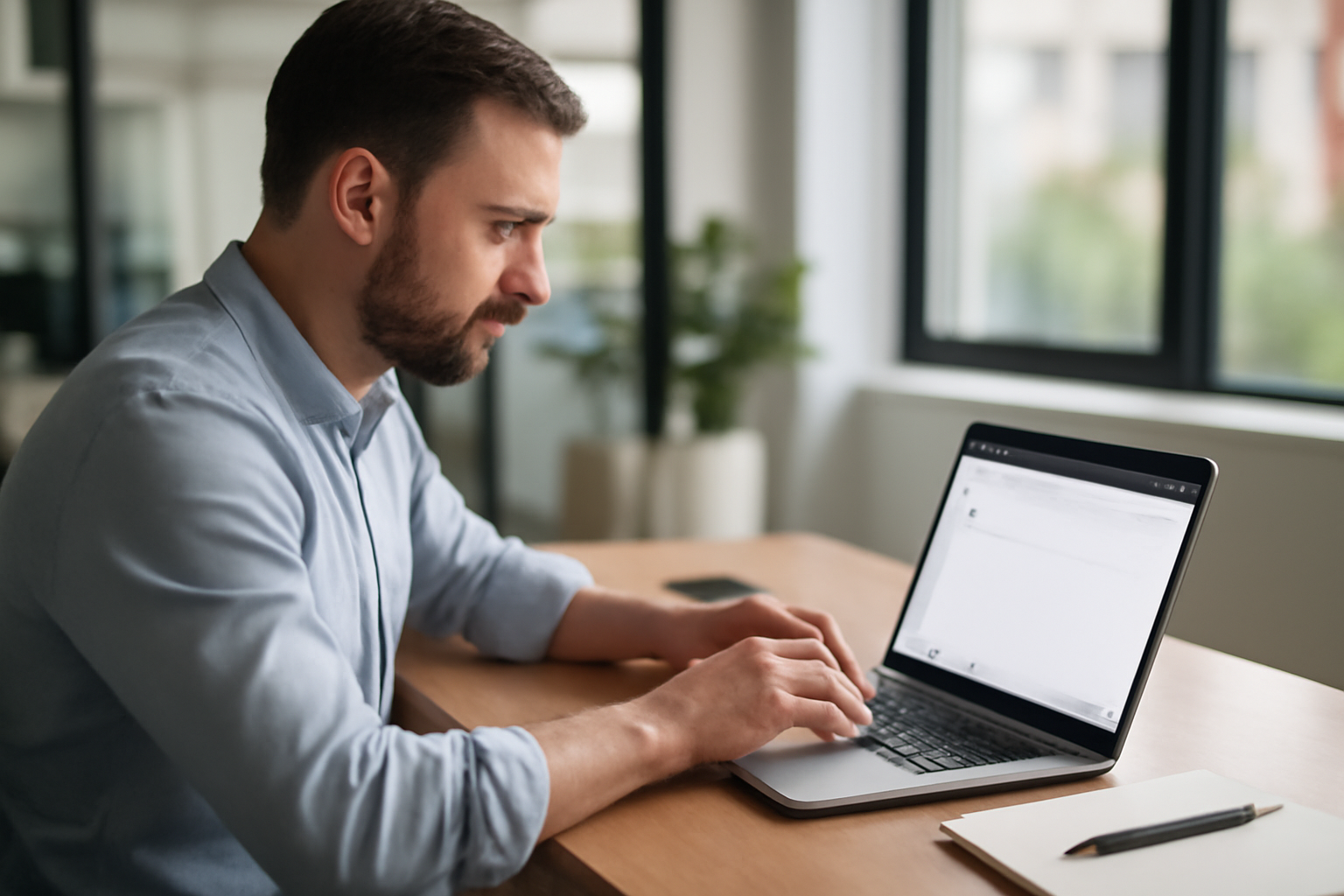 Une personne au bureau en train d’écrire un e-mail sur un ordinateur portable, ambiance lumineuse et professionnelle, carnet et stylo à côté