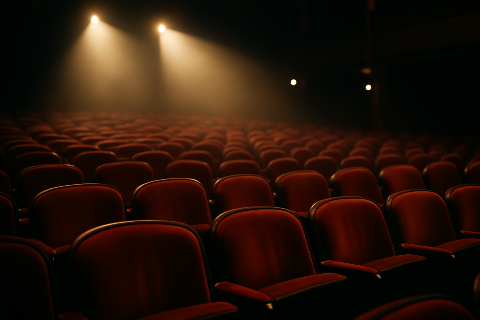 Salle de théâtre au moment de l’avant-première, sièges vides éclairés par des projecteurs, ambiance feutrée