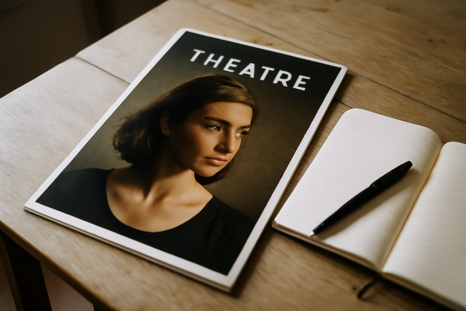 Affiche de théâtre posée sur une table avec un carnet de notes et un stylo, lumière naturelle, ambiance éditoriale