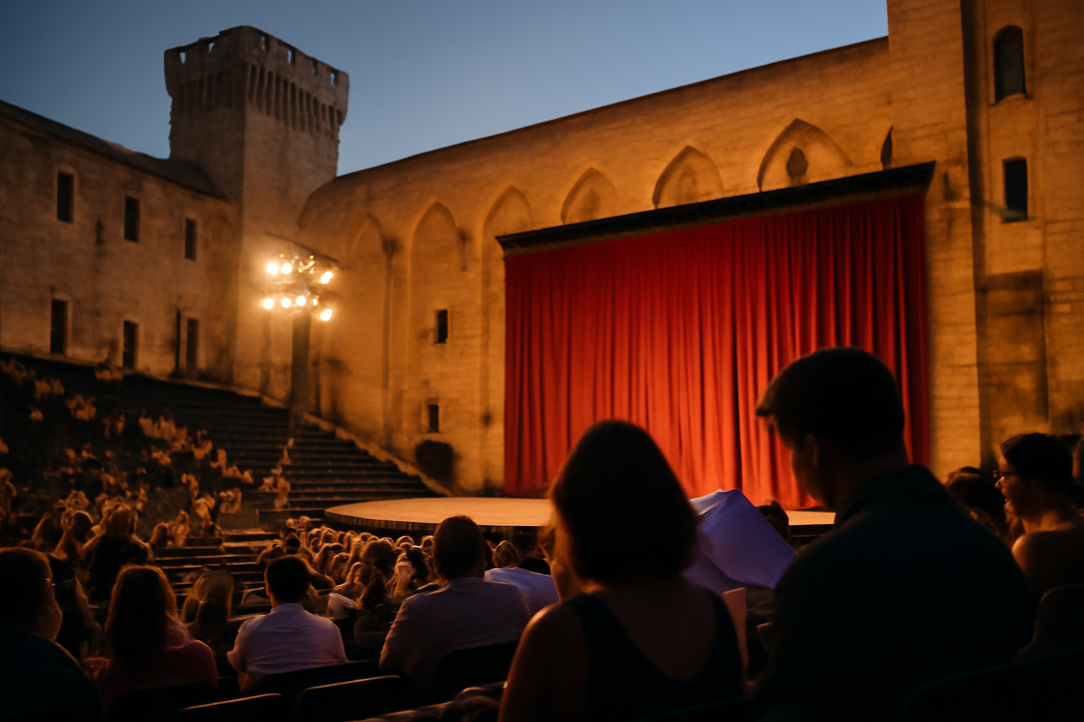 date festival avignon 2026 : scène de théâtre à Avignon, public dans la Cour d'honneur au crépuscule