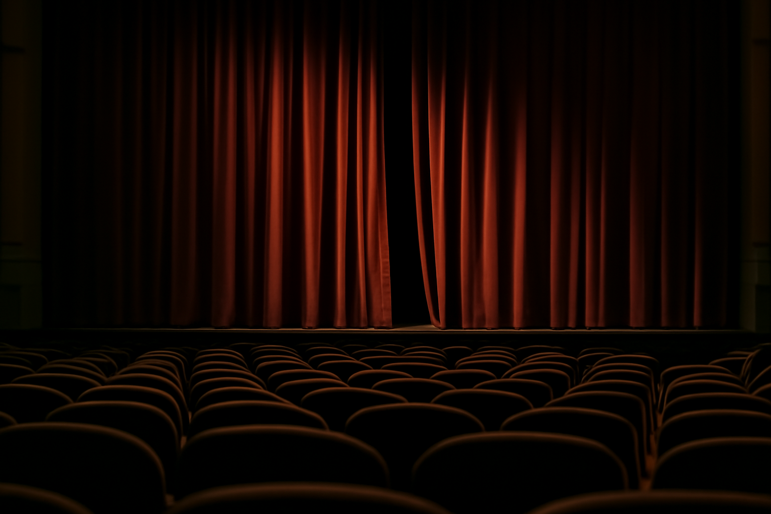 Une salle de théâtre avant le lever de rideau, sièges visibles et lumière tamisée, ambiance de représentation