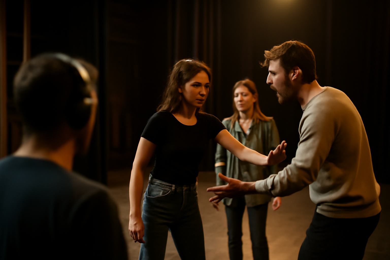 Un plateau de théâtre avec éclairage de face et comédiens en répétition, focus sur la lumière et la composition