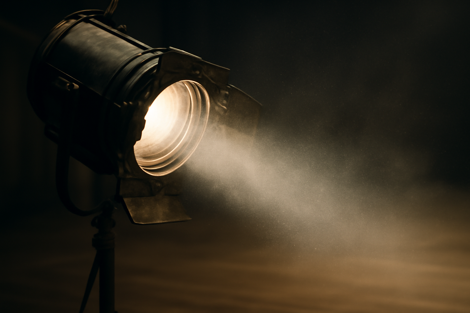 Plan rapproché sur un projecteur de théâtre et des faisceaux lumineux sur le plateau, ambiance photoréaliste