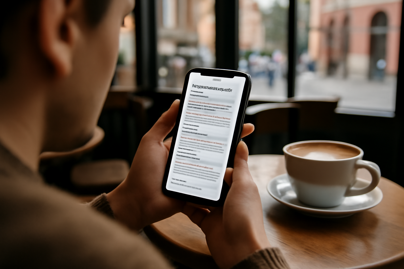 Personne consultant une page web sur un smartphone, avec un paragraphe 'Mentions légales' visible à l’écran