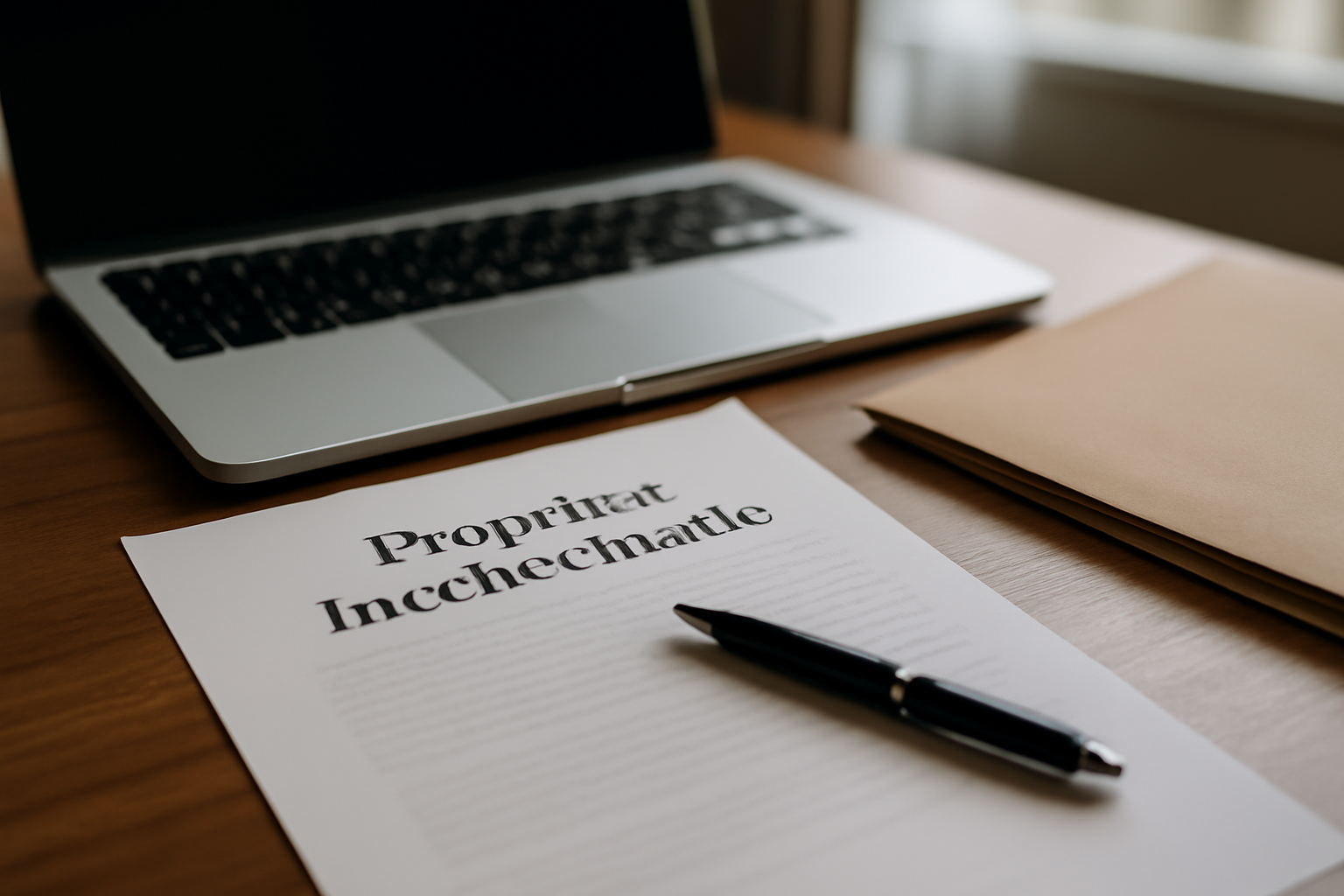 Document imprimé 'Propriété intellectuelle' à côté d’un ordinateur, bureau professionnel et papier en arrière-plan