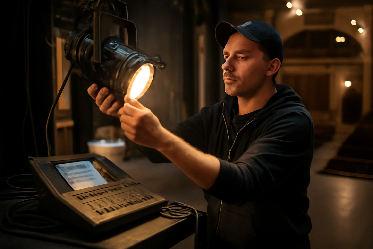 Régisseur au plateau ajustant un projecteur de scène avec des câbles et un pupitre lumière, ambiance théâtre en coulisses