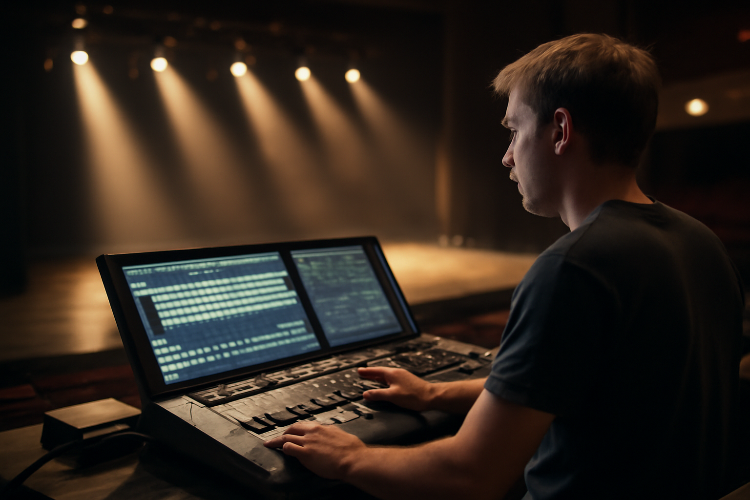 Salle de théâtre avec console lumière et technicien réglant des projecteurs, faisceaux lumineux sur le plateau
