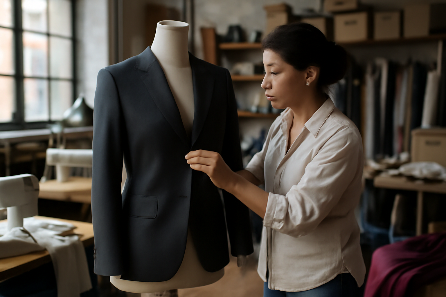 Atelier théâtre : couturière ajustant un costume sur un mannequin, tissus et accessoires prêts pour la représentation