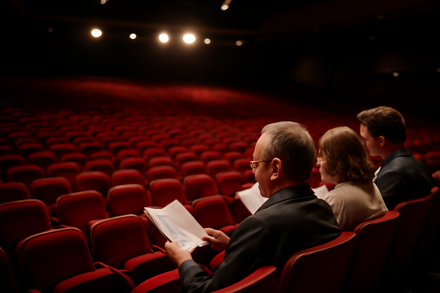 Salle de théâtre au premier rang, spectateurs attendant le lever de rideau et programme en main