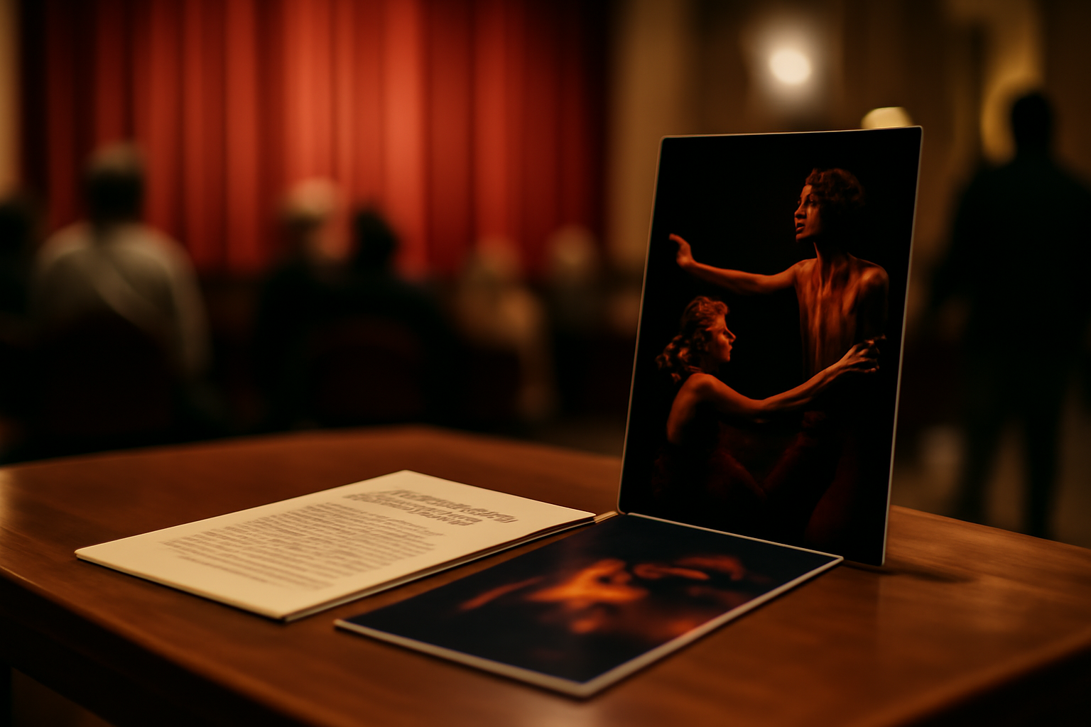 Affiche et programme de théâtre sur une table de foyer, éclairage de salle et rideau visible en arrière-plan