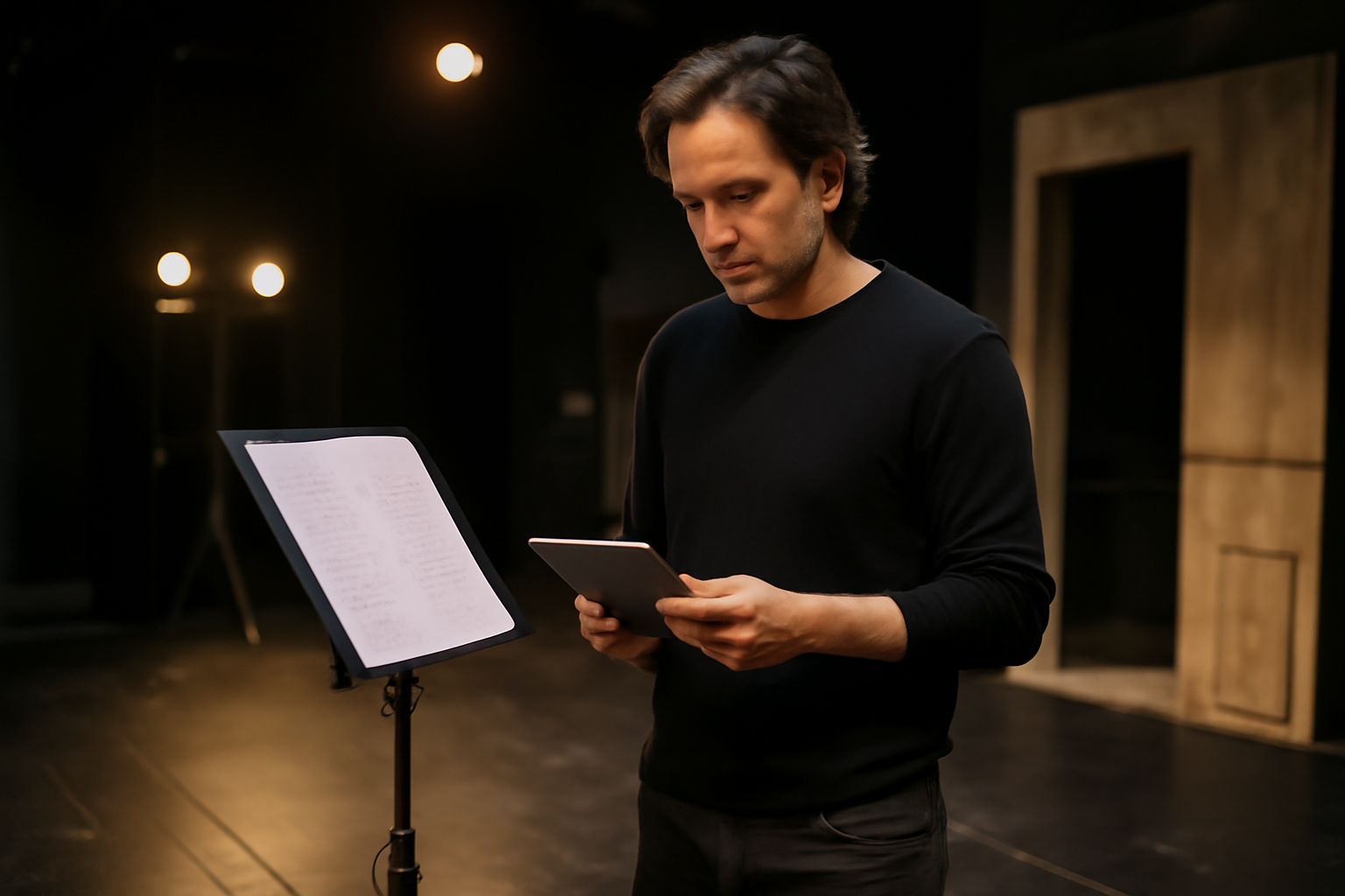 Metteur en scène ou comédien en répétition dans un théâtre, notes sur une tablette et plateau visible
