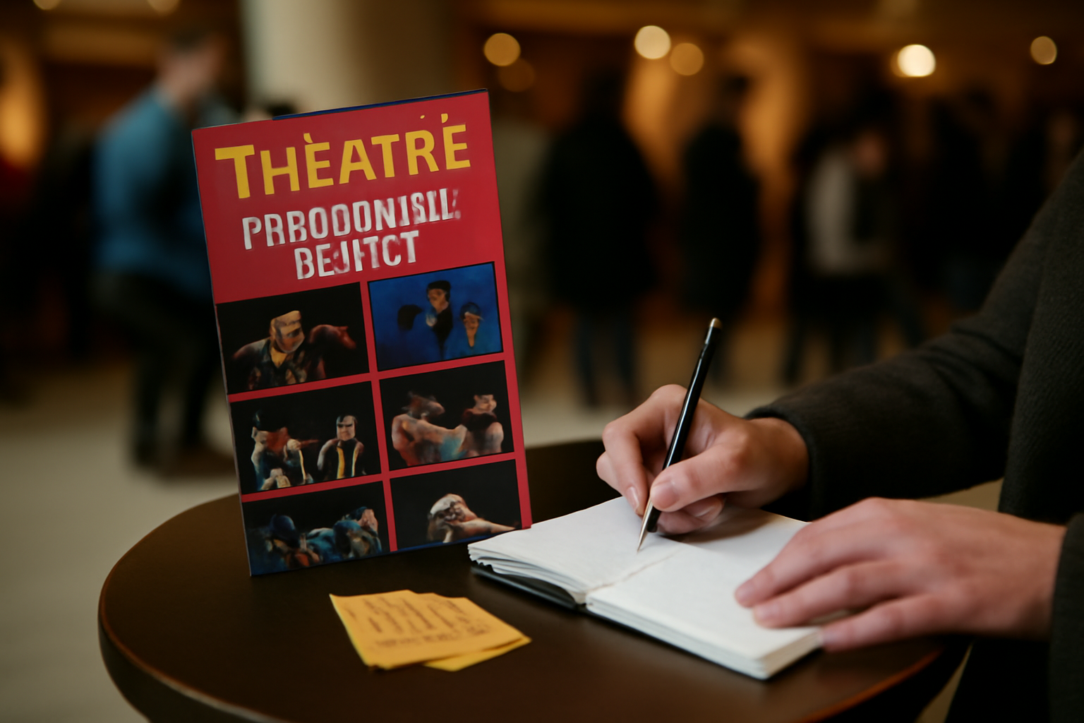 Affiche de saison théâtre et carnet de notes dans un hall de théâtre en France, ambiance photoréaliste