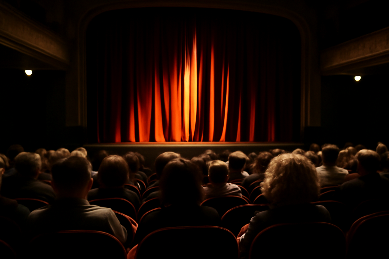 Salle de théâtre avec public assis, rideau et lumière de scène, ambiance photoréaliste avant représentation