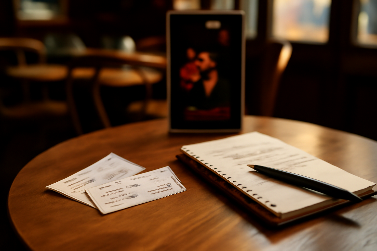 Billets et carnet de théâtre posés sur une table devant une affiche de spectacle, style photoréaliste