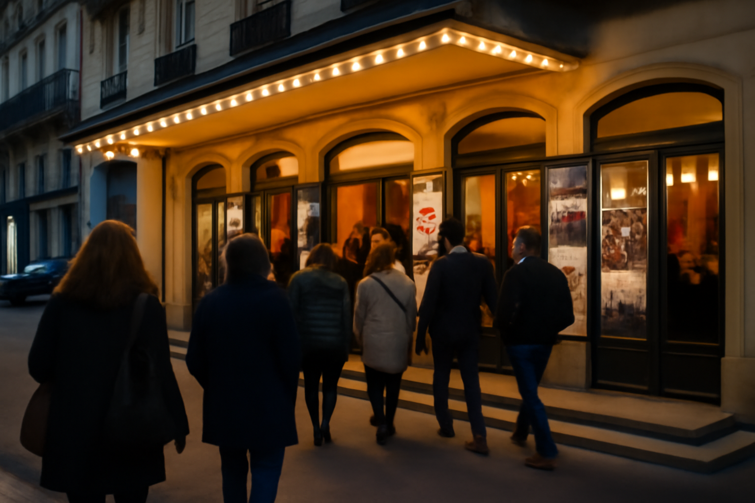 théâtre de paris, façade de salle et public entrant à Paris