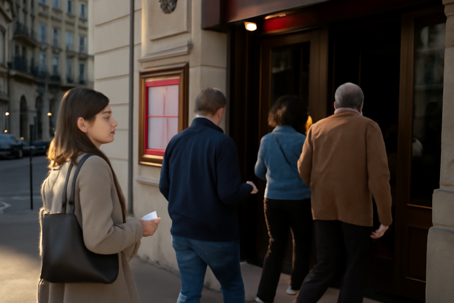 Façade du théâtre du nord-ouest à Paris, spectateurs entrant par une rue du 9e arrondissement