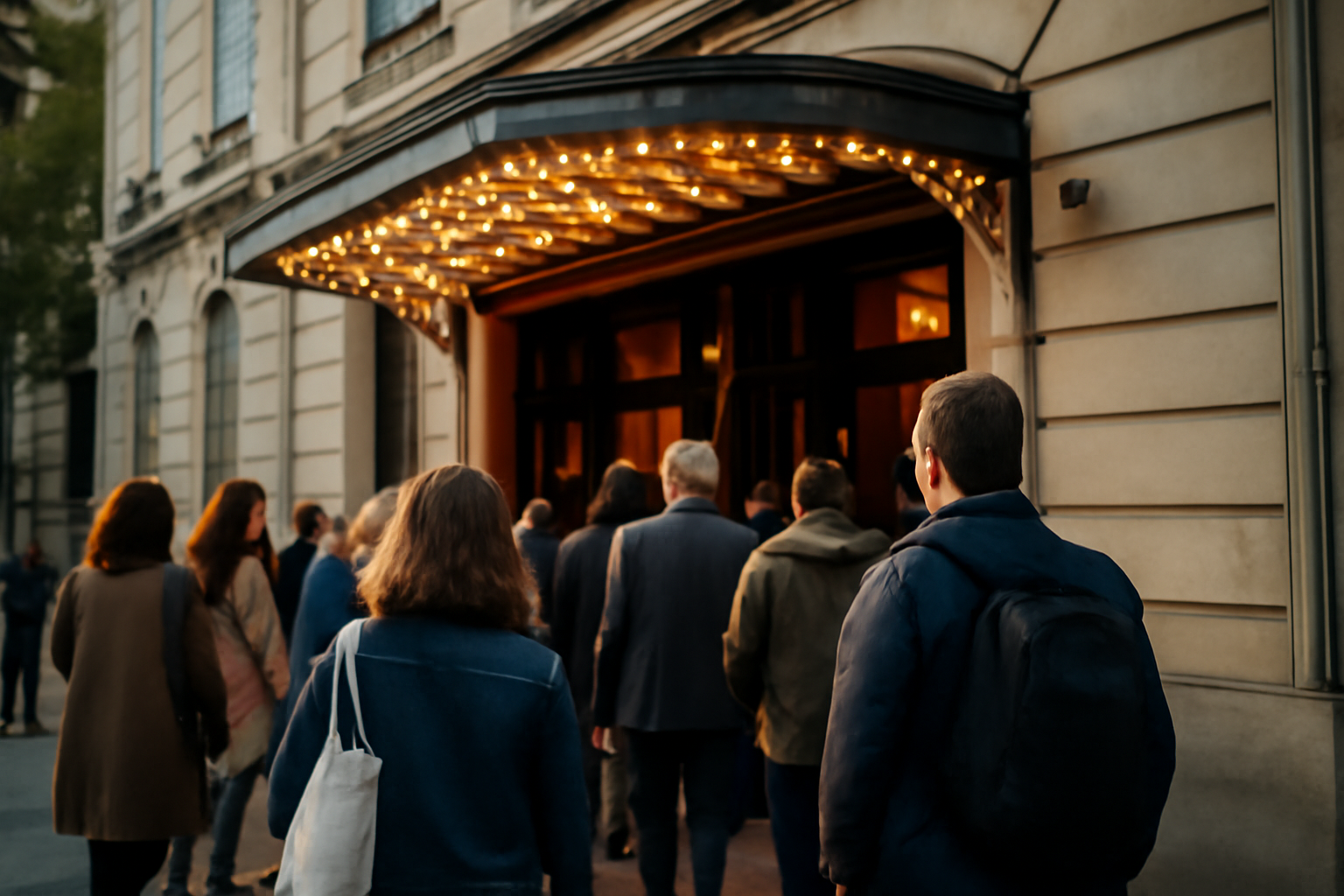 Entrée du théâtre du Splendid, façade urbaine et lumière du soir