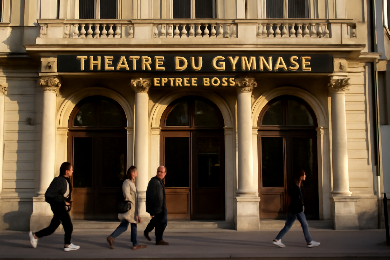 Extérieur du théâtre du gymnase marie-bell à Paris, boulevard de Bonne Nouvelle, lumière de soirée