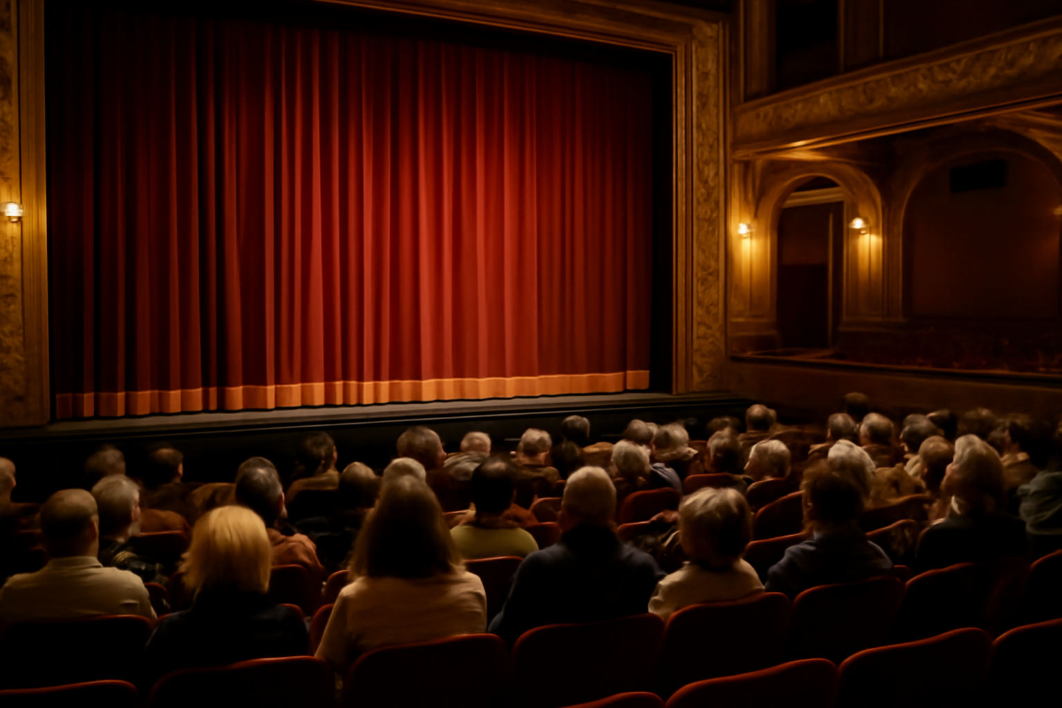 Salle de théâtre avec gradins et scène, spectateurs assis avant le début au théâtre du gymnase marie-bell