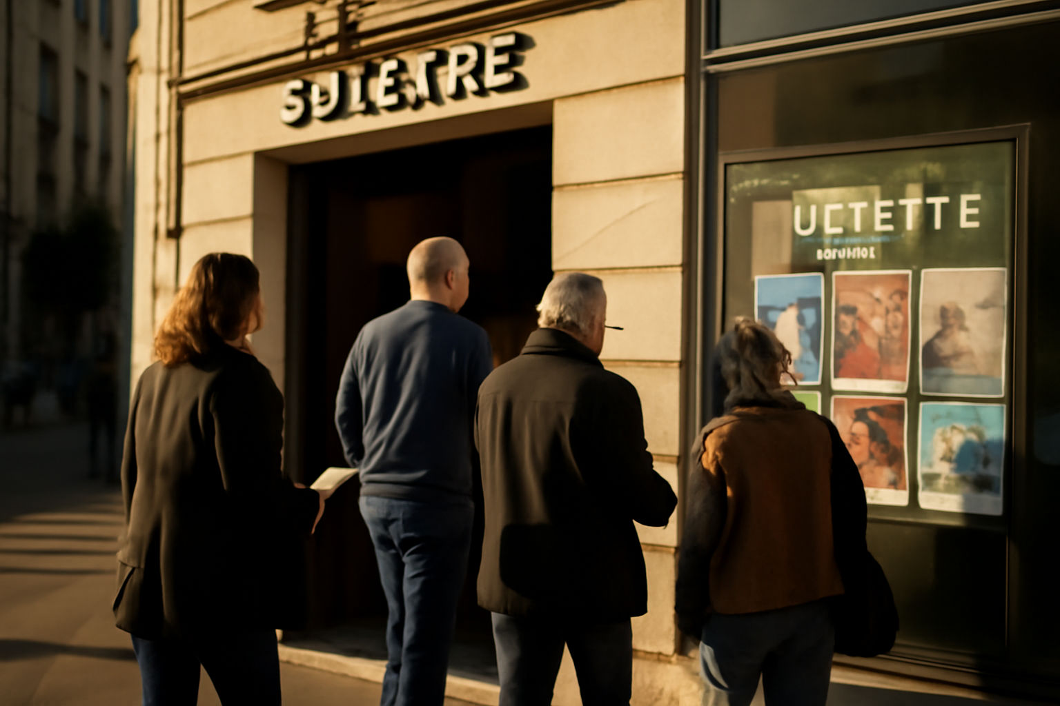 Façade du théâtre Joliette à Joliette, public entrant, lumière de fin d’après-midi
