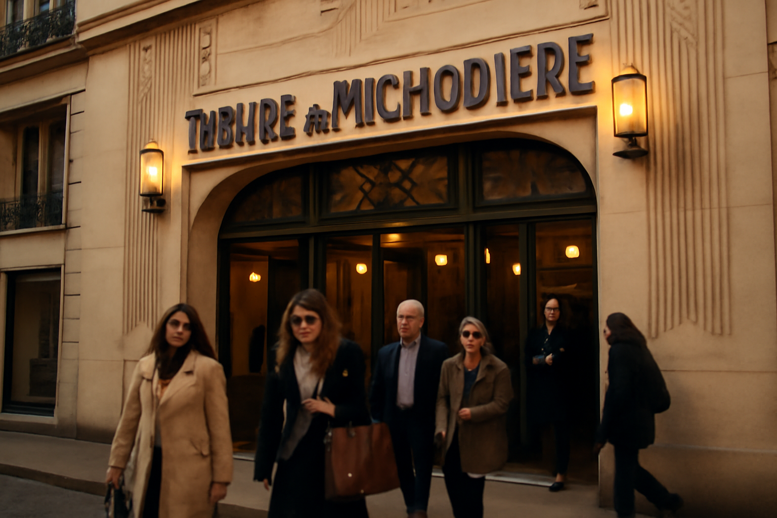 Façade art déco du théâtre de la michodière à Paris, entrée de salle et public sortant