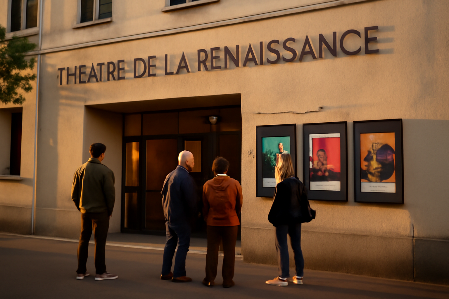 théâtre de la renaissance d’oullins : façade du Théâtre de la Renaissance à Oullins-Pierre-Bénite, entrée de salle et lumière de soirée