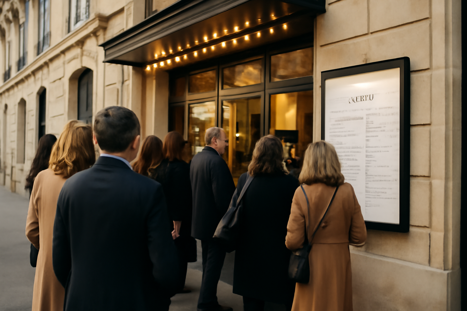 Façade du théâtre de la tour Eiffel à Paris 7e, entrée de salle et file de spectateurs à la tombée de la nuit