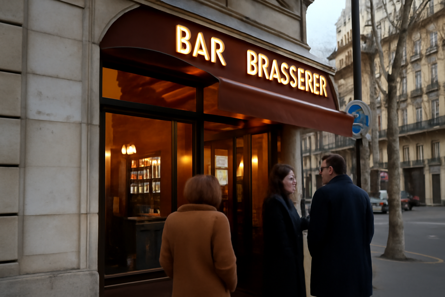 Bar des théâtres à Paris : façade et entrée près des Champs-Élysées, lumière du soir