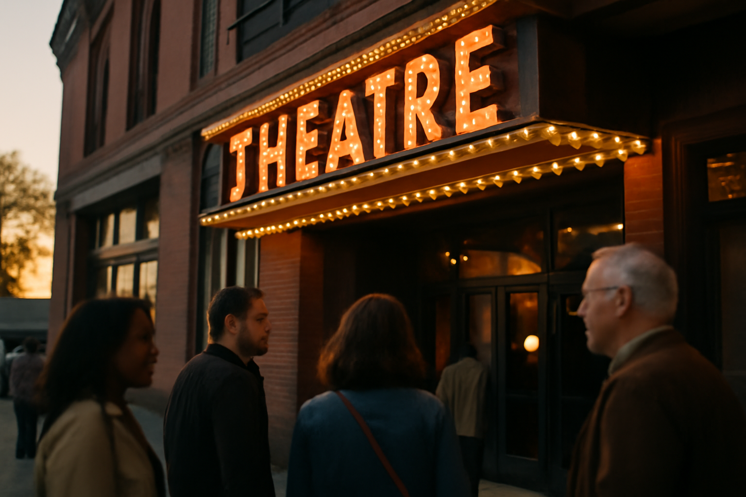 théâtre clavel, façade et entrée de salle en soirée, scène photo réaliste