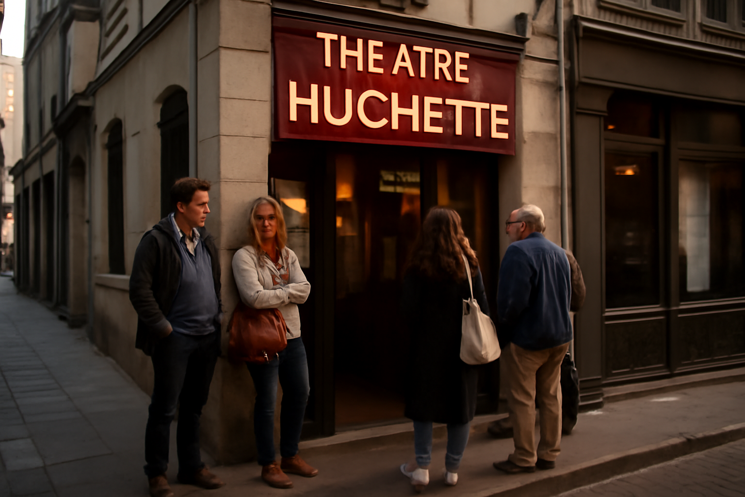 Façade et entrée du théâtre de la huchette à Paris, 23 rue de la Huchette, lumière de soirée