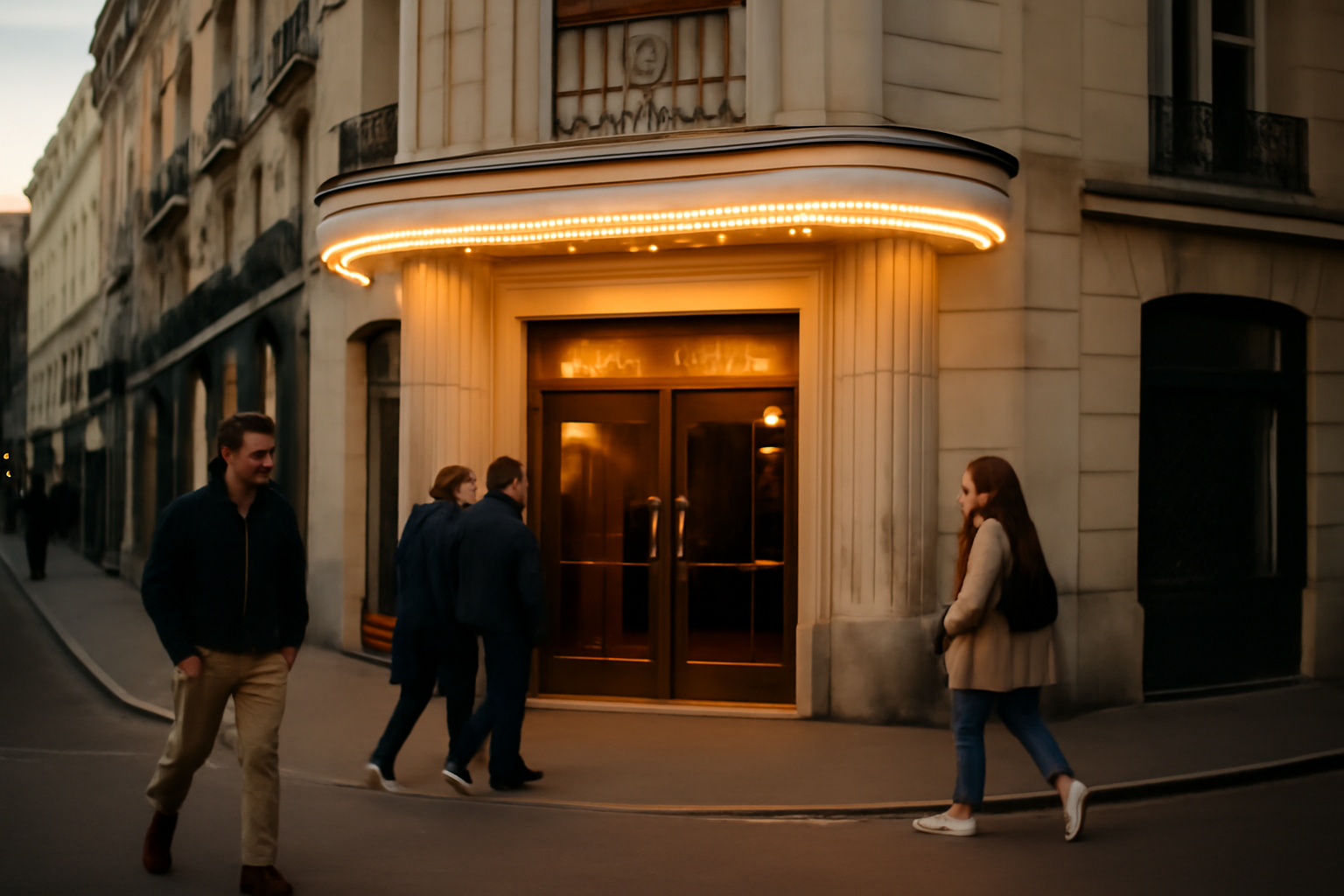 Théâtre de Passy à Paris, façade rue de Passy au crépuscule
