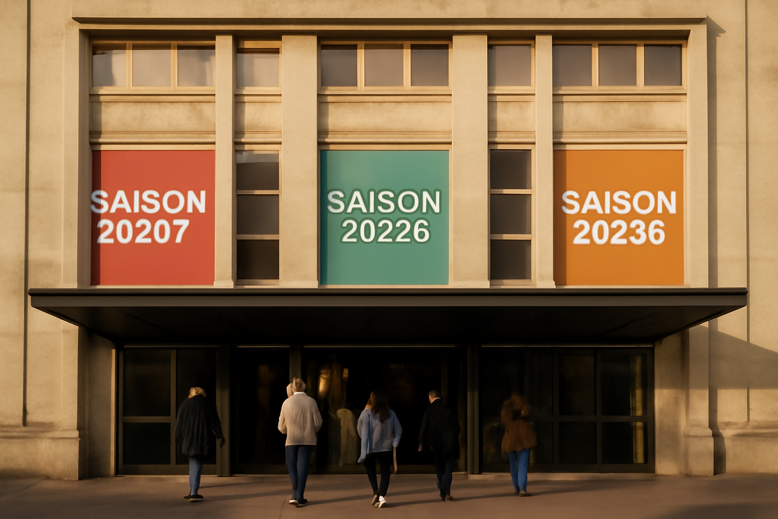 Façade de la Comédie de Reims avec affiche de saison 2025/2026, public entrant à la tombée du jour