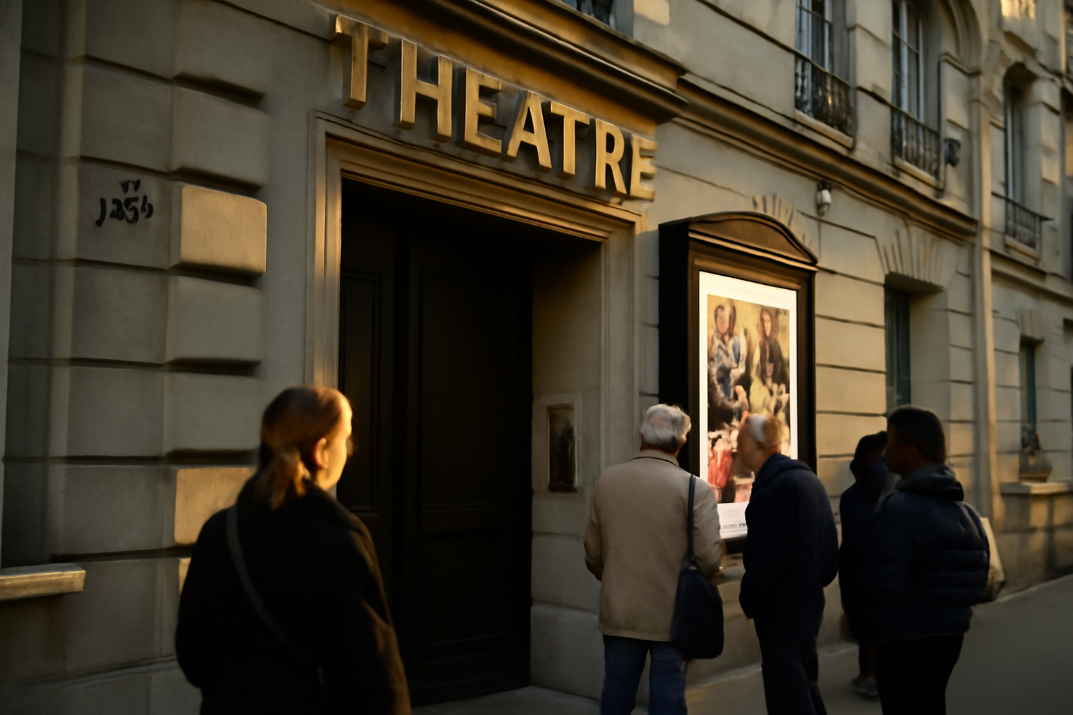 Façade du Théâtre de Passy au 95 rue de Passy à Paris, scène urbaine de soirée, lumière douce, entrée de salle, public attendant