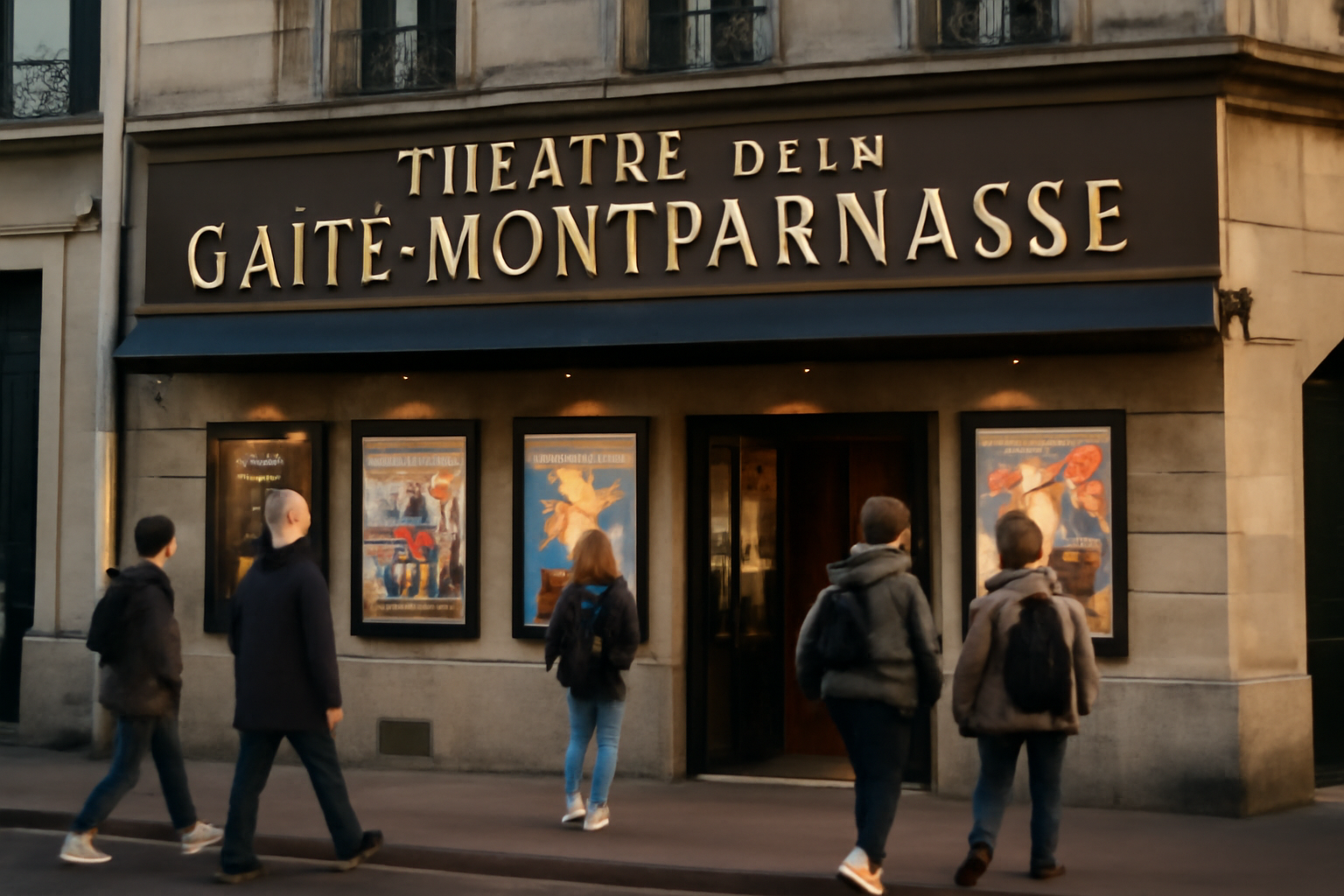 Façade du théâtre de la gaîté-montparnasse à Paris 14e, entrée rue de la Gaîté, lumière de fin d’après-midi